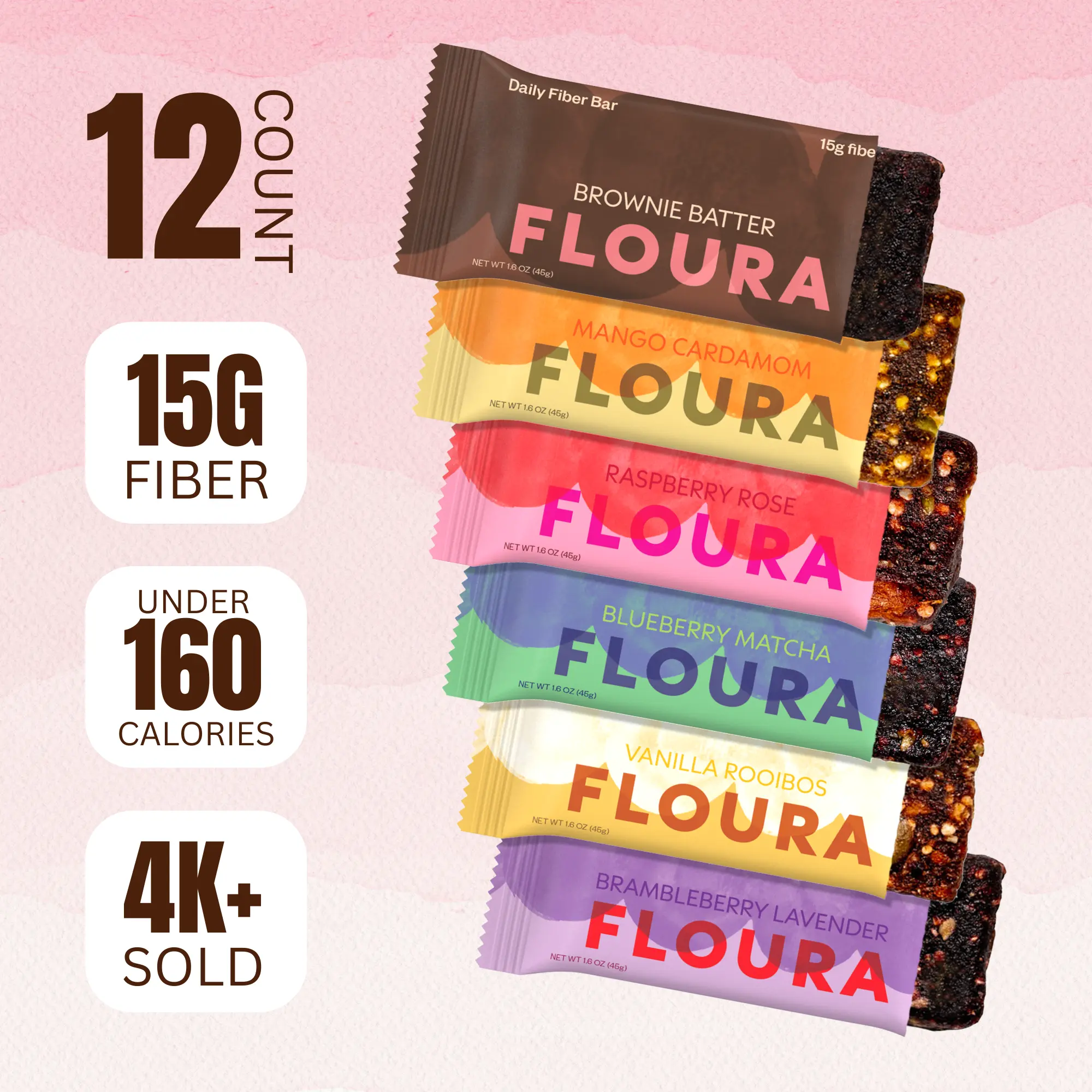 Floura Variety Pack Fiber Bar 12-Pack - 15g Fiber, Fruit-Forward, Gluten-Free, Snack for Wellness On-The-Go