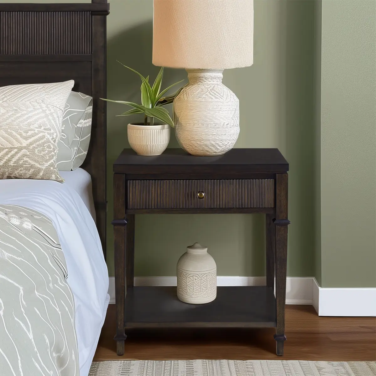 Martha Stewart MT136-1207 Solid Wood Nightstand, Dark Coffee Finish, 22x15.75x26 in, Square Leg Indoor Furniture Table