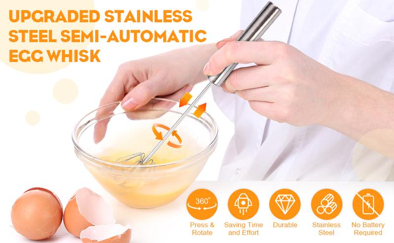 Stainless Steel Egg Whisk, Kitchen accessories，2026 New Semi-Automatic Whisk Hand Push Rotary Whisk Blender for Baking Cooking, Kitchen Hand Mixer Stirrer Tool for Beating Eggs, Butter, Milk (Sliver, 12in) New Year gift Whisking Handles