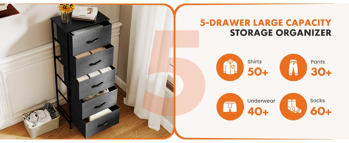 5 Drawer Dresser with Fabric Bins, Sturdy Steel Frame and Wood Top, Storage Organizer Chest for Bedroom, Closet, Hallway