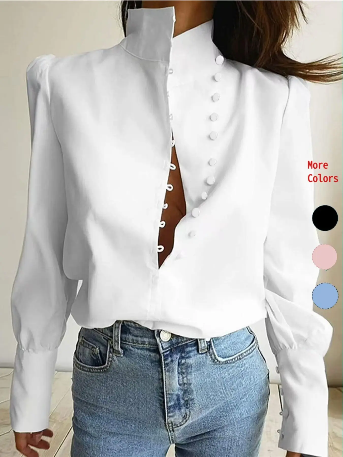 Women's Plain Basic Button Front Shirt Blouse, Casual Elegant Style Loose Fit Long Sleeve Top for Spring & Fall, Women's Clothing for Daily Wear