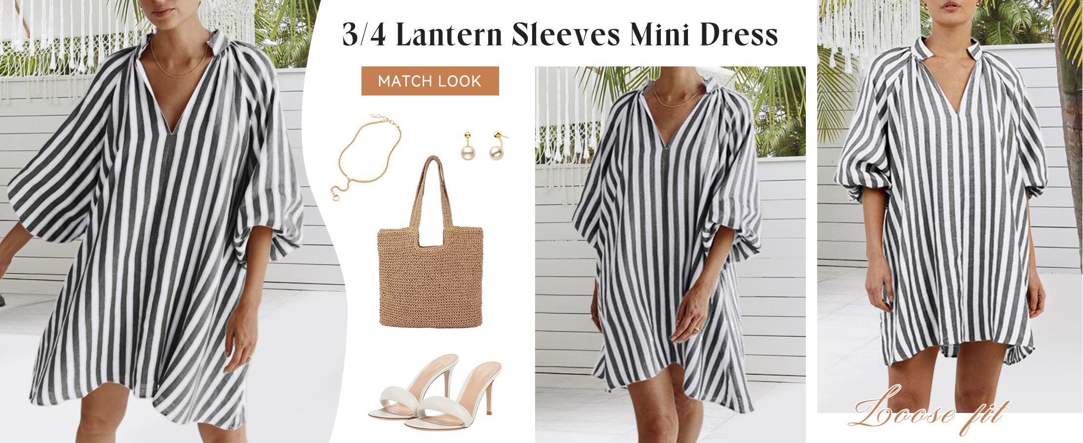 CHARTOU Women Mini Dress Summer Striped Beach Vacation  3/4 Sleeve Boho Chic Outfits Tunic Shift Dress