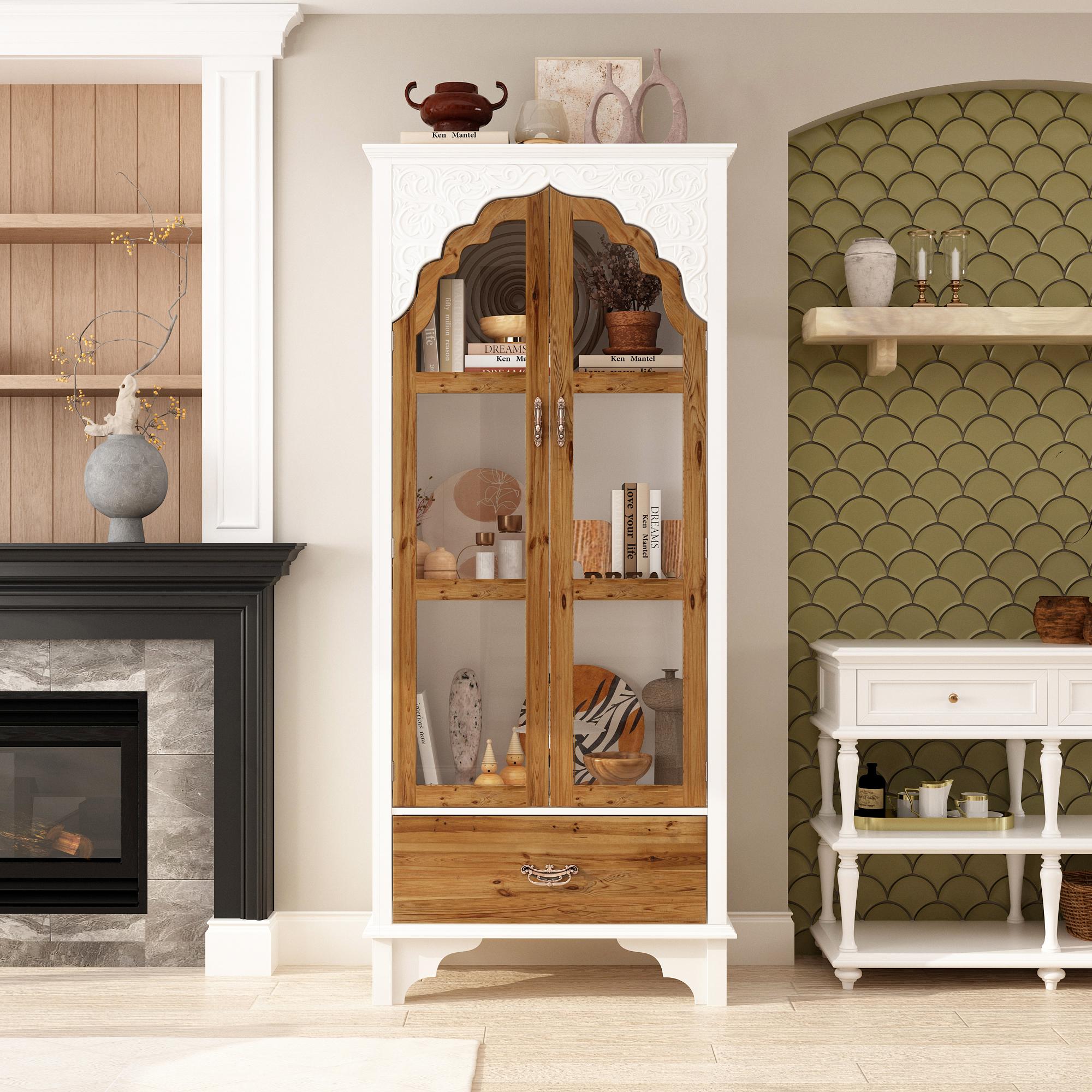 FUFU&GAGA Carved Pooja Mandir Storage Cabinet - 3-Tier Shelves w/2 Glass Doors & Drawer, Multi-Functional Display Cabinet for Living Room/Prayer Room Aesthetic White