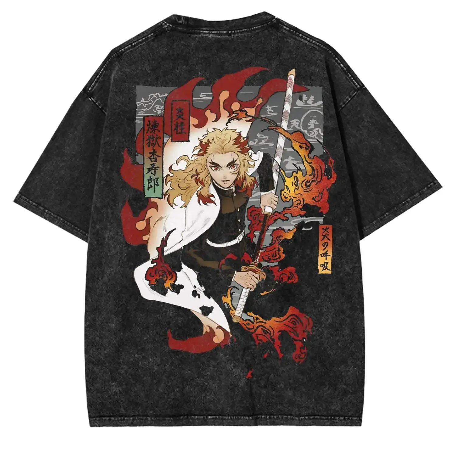Oversized Streetwear Tee for Men in Heavyweight 260gsm Cotton, Baggy Fit Short Sleeve Top with Large Double-Sided Anime Print, Casual, Shirt, Vintage, Demon Slayer Rengoku, Multi-Size, Loose-Fit, Cold Wash, Graphic, Medium Length