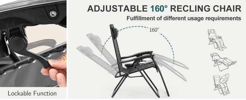 Set of 2 Zero Gravity Lounge Chairs - 300LB Capacity, Adjustable Headrest & 160° Recline, with Cup Holder Trays for Pool/Patio/Camping (Foldable & Portable)