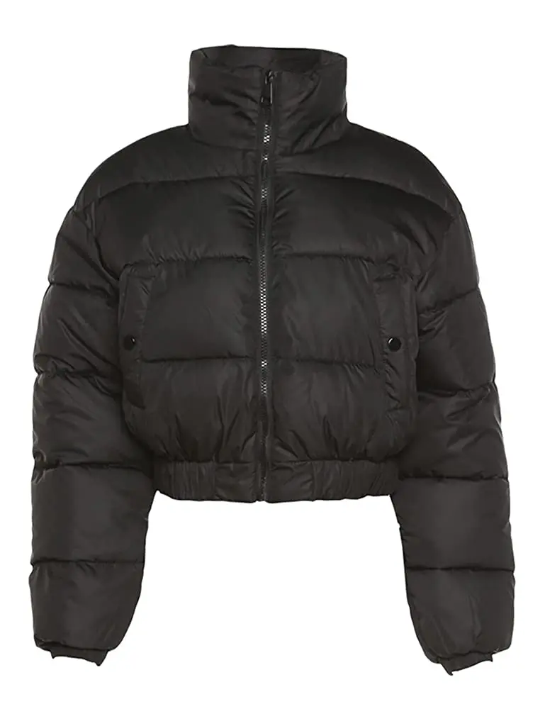 Women's Winter Cropped Puffer Jacket Warm Quilted Jacket Long Sleeve Padded Coats