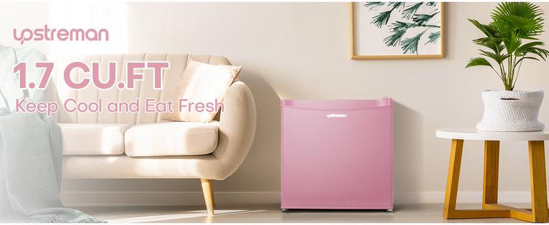 Upstreman mini fridges 1.7 Cu.ft with Freezer Pink FR17 Adjustable Thermostat Energy Saving Low Noise Single Door Compact Refrigerator for Dorm Office Can Bedroom
