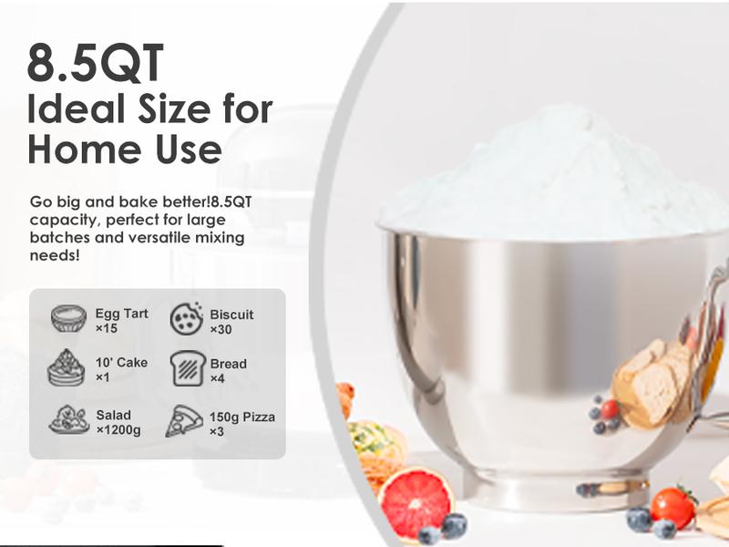 Kitchen in the Box Stand Mixer 8.5 Quart 900W Electric Mixer with Stainless Steel Bowl, 6 Speed Settings, Dough Hook, Flat Beater & Egg Whisk for Heavy Dough, Large Capacity Food Mixer for Home Cooks Household