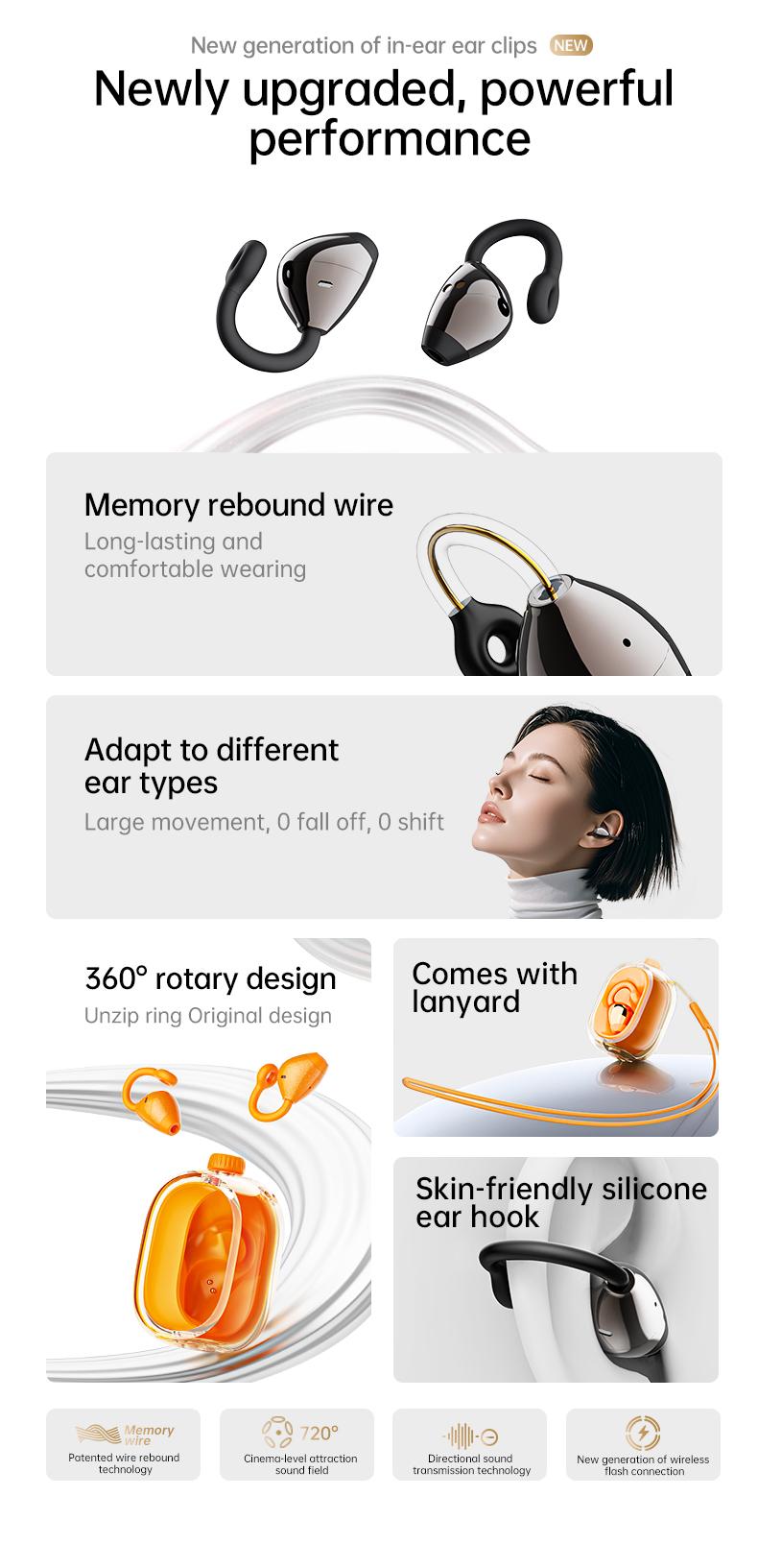 In-ear Ear Clips Wireless Earbuds, 360° Rotation decompression tool, Bluetooth 6.0 High-definition call Earphones, 30h Super Long Battery Life Headphones,suitable for work,sport, with silicone soft lanyard