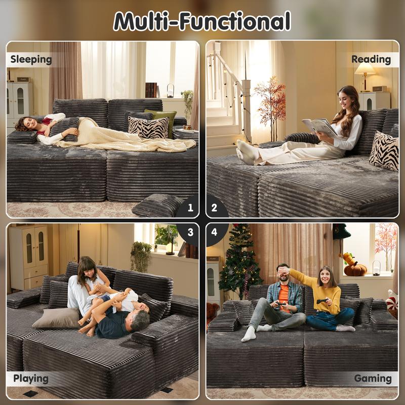 【2 Packages Shipping】Ovios 81" Oversized Sectional Double Lounge Chaise with Cloud Plush Sofa Bed, Fluffy Modern Boneless Couch Sleeper Loveseat Chair for Indoor Living Room Bedroom Reading Movie - No Assembly Required