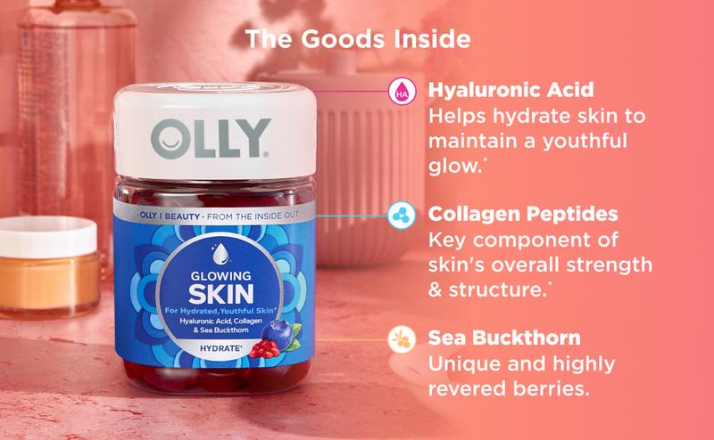 OLLY Glowing Skin Collagen Gummy, Hydrated, Youthful Skin, Hyaluronic Acid, Sea Buckthorn, Chewable Supplement, Berry, 25 Day Supply - 50 Count