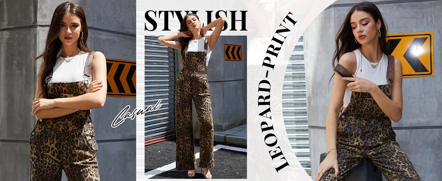 Zhangyan Valentine's Gifts Leopard Print Overalls for Women Stretch Denim Loose Fit Bib Coveralls Cheetah Spring Fall Winter Outfits Y2K Fashion Animal Sleeveless Jumpsuits Straight Leg Pants Mom Wife Womenswear Rompers
