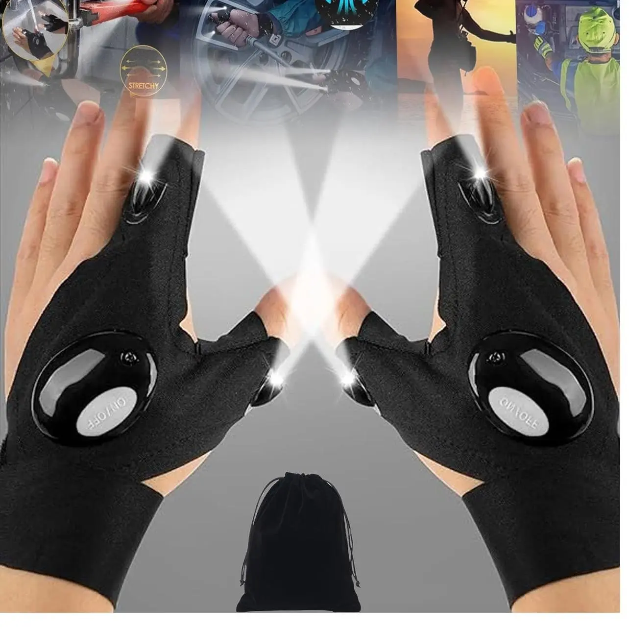 Built-in LED Flashlight Fingerless Breathable Gloves (Pack of 2), Outdoor Sports Gear for Men, Unique Gadget Gift for Husband, Ideal for Camping, Christmas & Birthday Presents