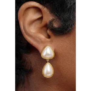 Double Pearl Gold Drop Earrings
