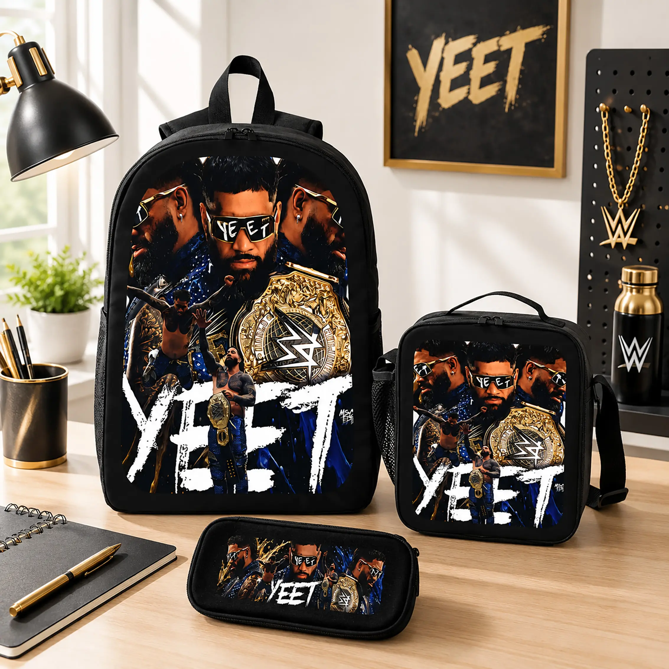 YEET 3-Piece Polyester Backpack Set - Back to School Shopping Essential, Backpacks for Kids, Lightweight Durable Bookbag with Lunch Bag & Pencil Case, Wrestling Merchandise Fan Gift, TikTok Viral Trending Travel Bag