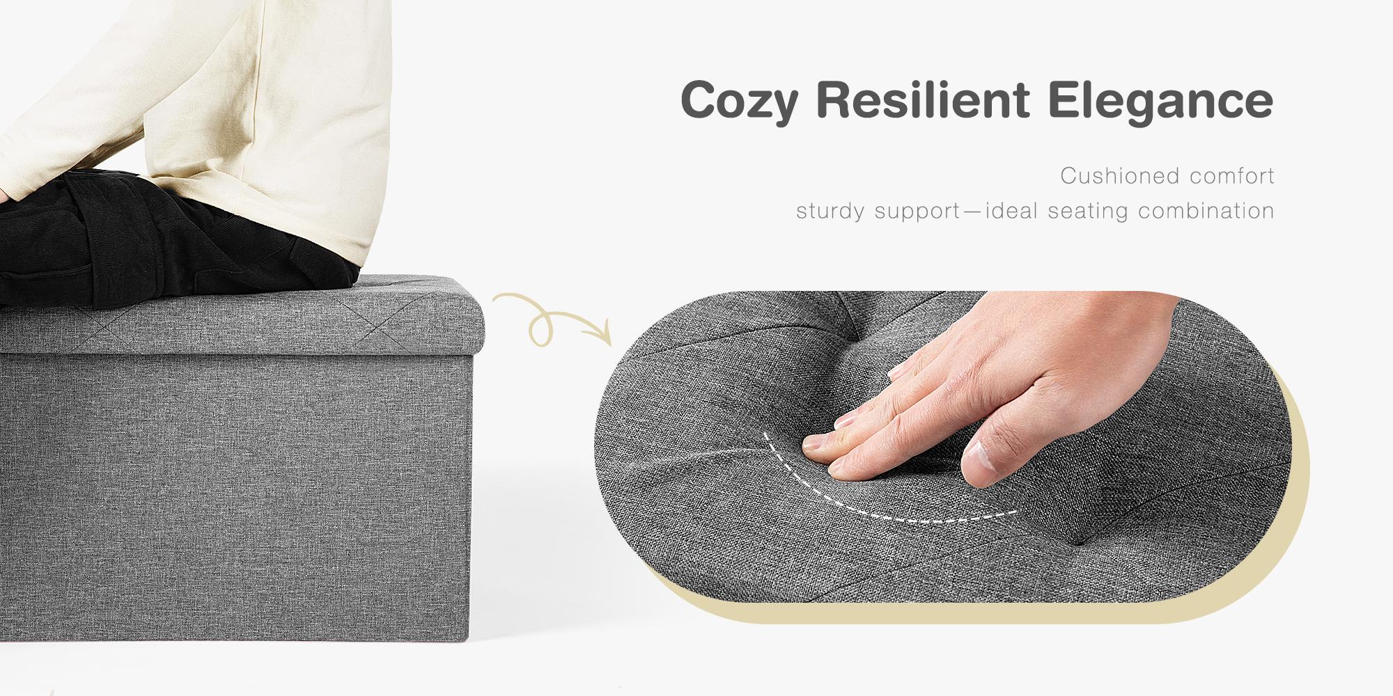 HomeSquad Foldable Storage Ottoman: Large Grey Cloth Ottoman Bench with Padded Seat for Bedroom End of Bed, Entryway, and Living Room