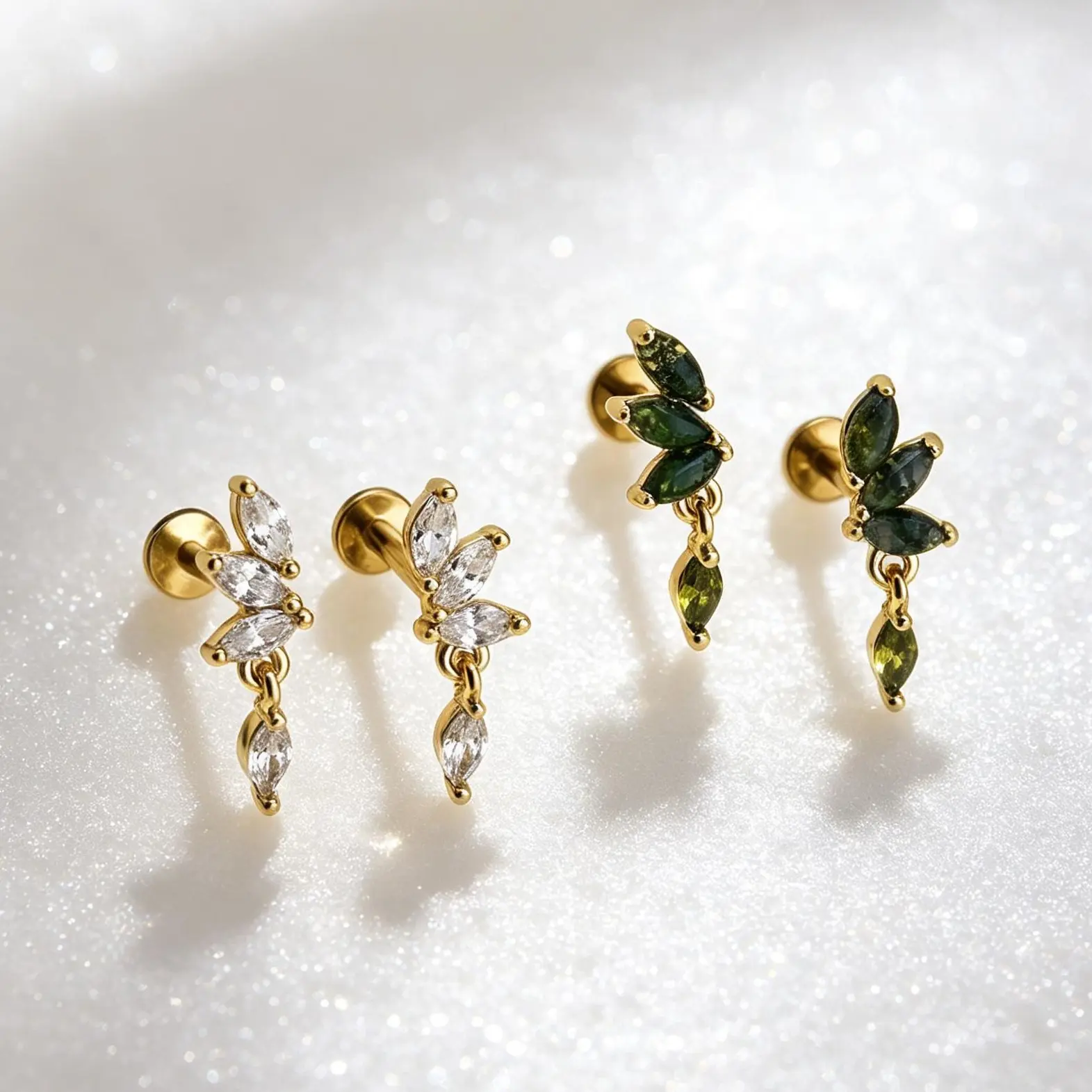 OUFER Women's Elegant Stud Earrings - 16G 8MM Internally Threaded Stainless Steel, Rhinestone/Moss Agate Flat Back Cartilage Tragus Studs for Daily Wear