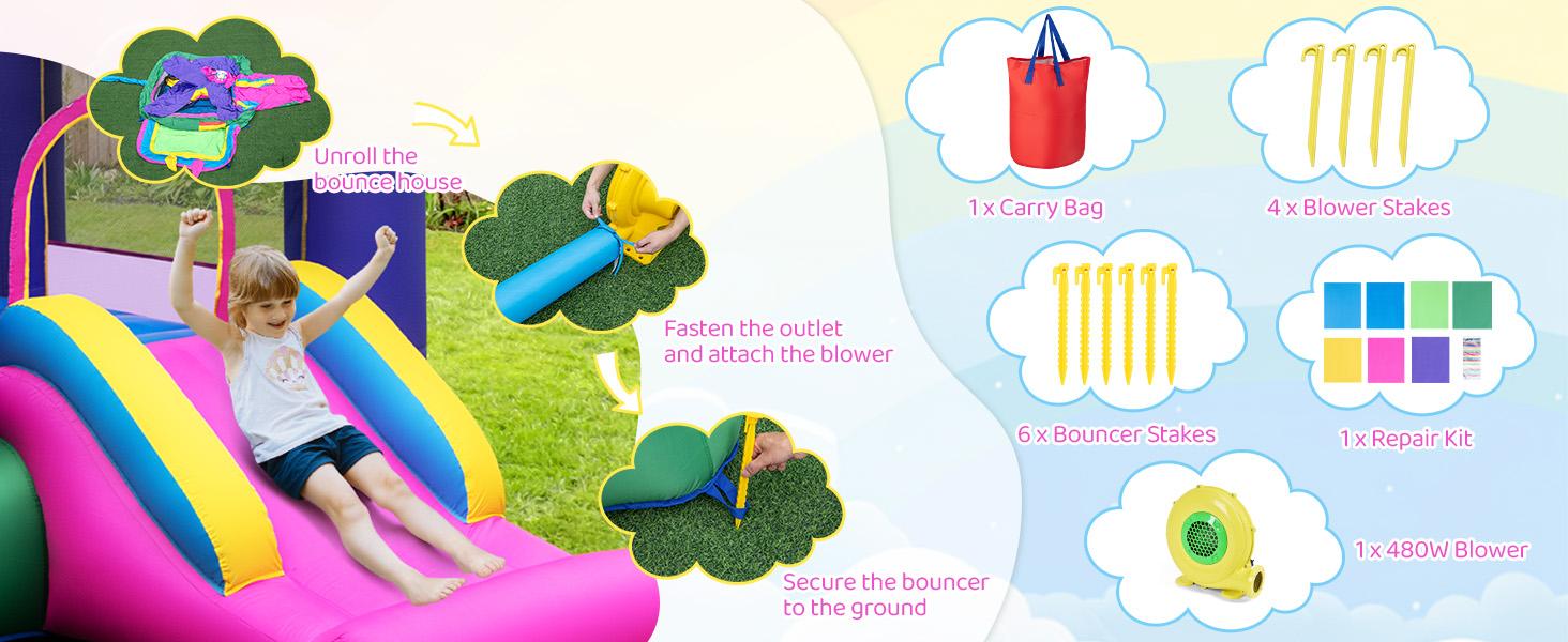 Costzon Inflatable Bounce House with Air Blower & Ball Pit, Bouncy House for Kids Indoor Outdoor w/Basketball Hoop, 480w Blower, Mini Bounce House with Slide for Boys Girls Backyard Birthday Party Gifts for 3-12,No Ocean Ball & Basketball Included,