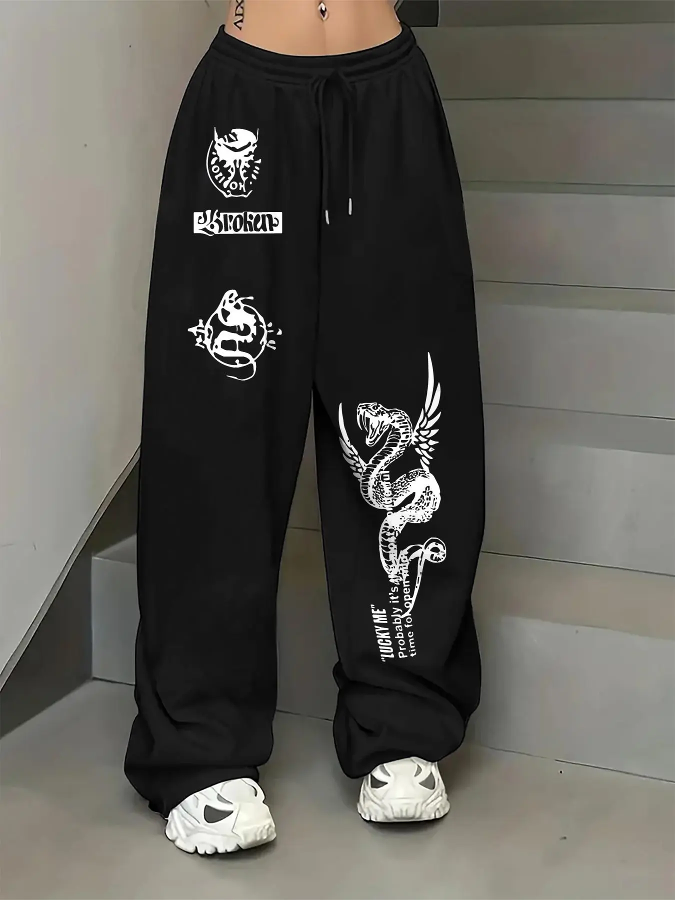Women's Dragon Print Drawstring Waist Sweatpants, Casual Street Fashion Jogger Pants for Daily Wear, Ladies Bottoms for Summer