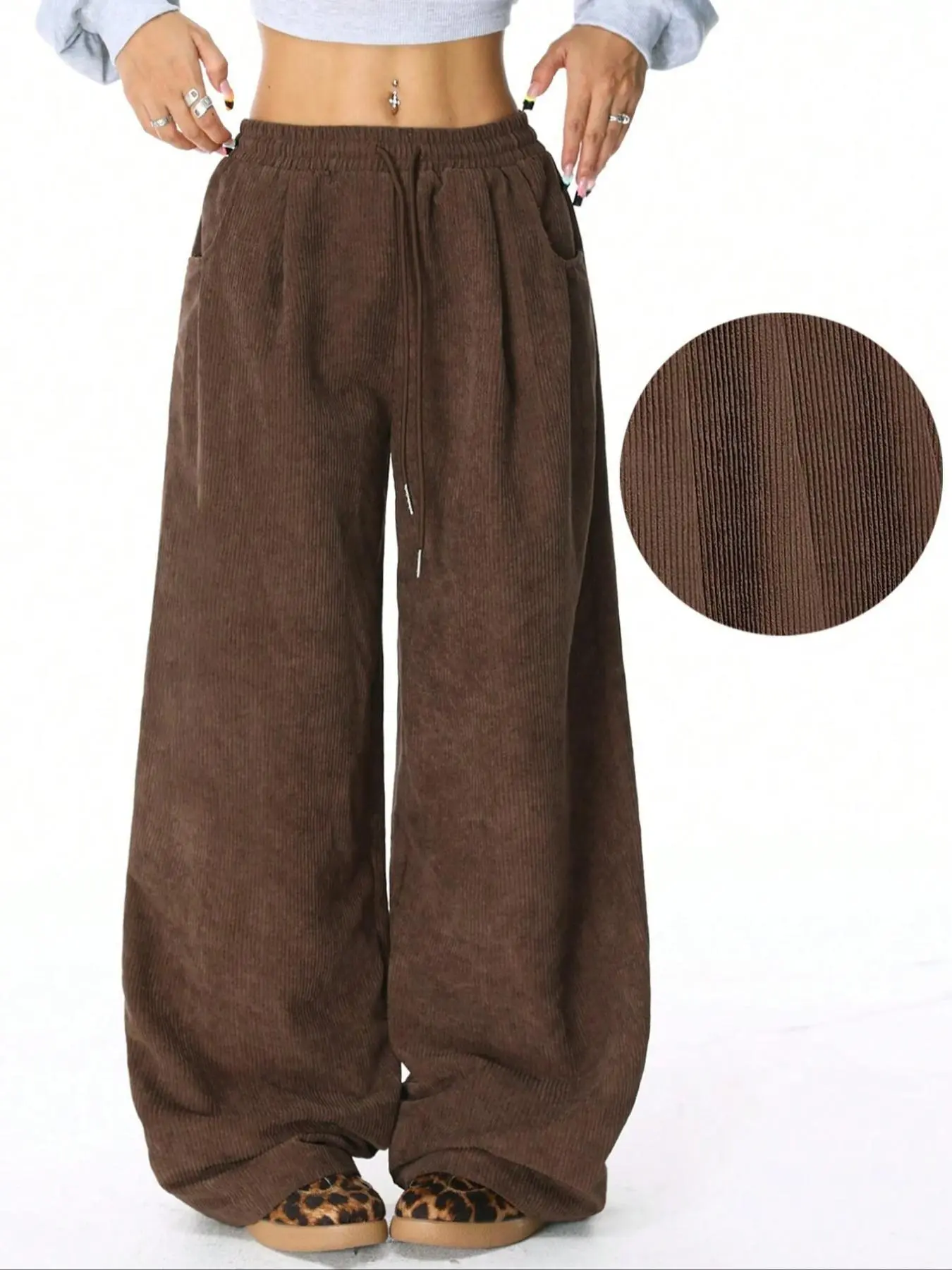 Women's Corduroy Wide Leg Pants, High Waist Design, Elastic Waistband, Warm Windproof, Perfect for Outdoor Casual Wear