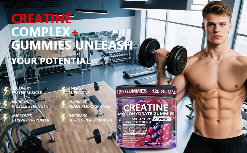 CRASYE Creatine Gummies 8000mg Blueberry Raspberry Flavor 120 Gummies Supports Muscle Gains Workout Recovery Essential Aminos Made in USA Fitness Endurance Supplement