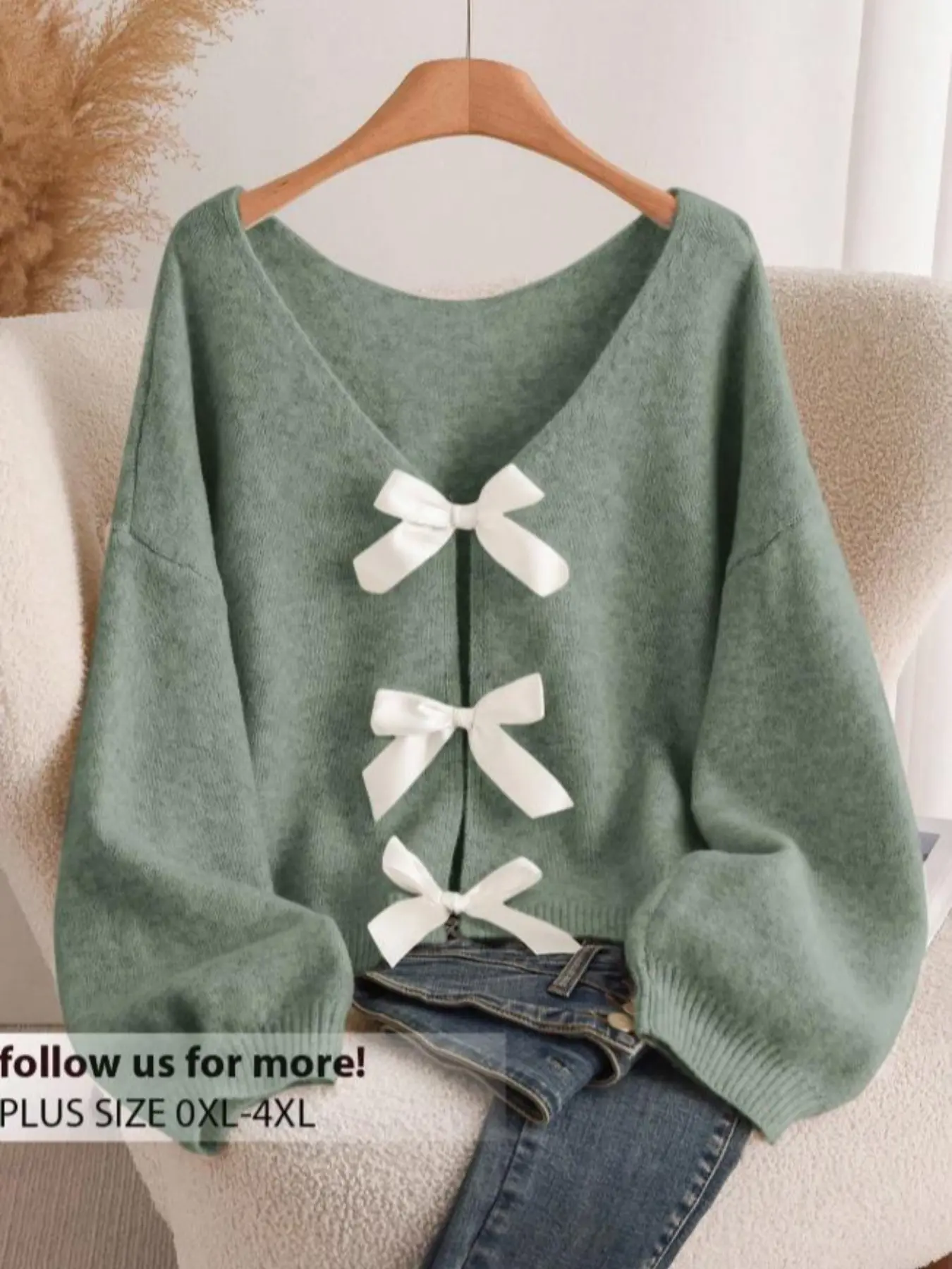 Women's Plus Size Bow Decor Long Sleeve Loose Vneck Sweater Knitwear Knitting, Lady Womenswear, Comfortable Versatile Design, Perfect for Fall Winter, Fashion Casual Clothing, Casual Loose Jumper