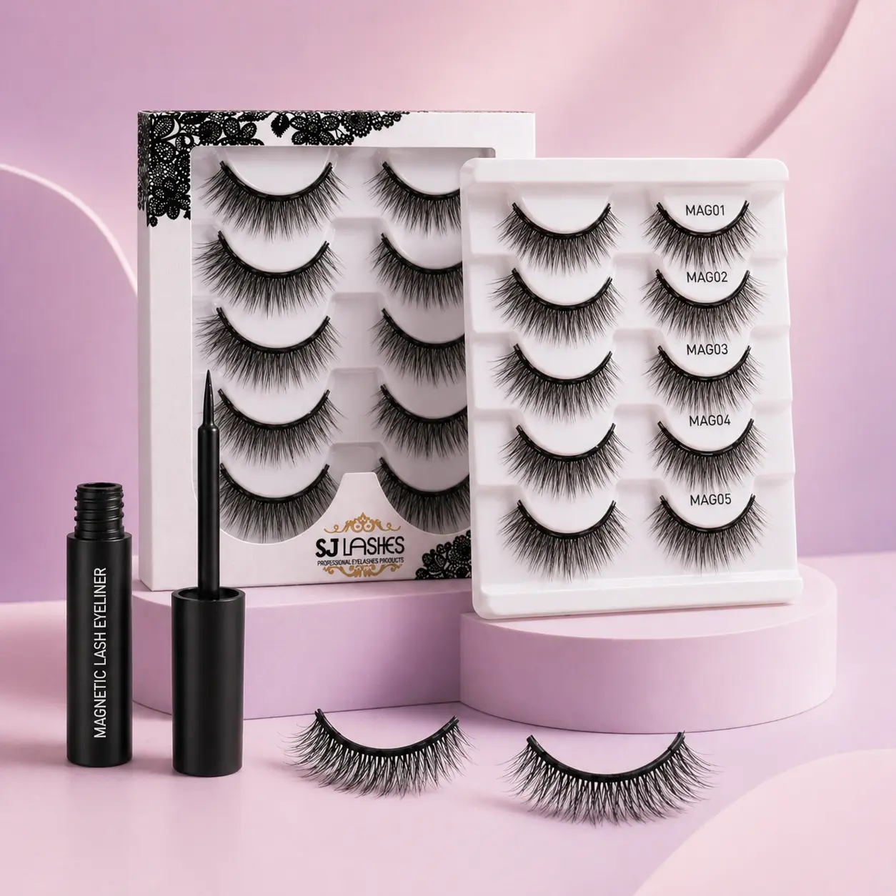 SJ Lashes Full Magnetic Eyelash Cosmetic Kit - 5 Pairs Reusable 0.07 mm CC Curl Natural False Lashes, Waterproof Magnetic Eyeliner Set for Women's Natural Makeup, Special Occasions, Magnetic Eyelashes