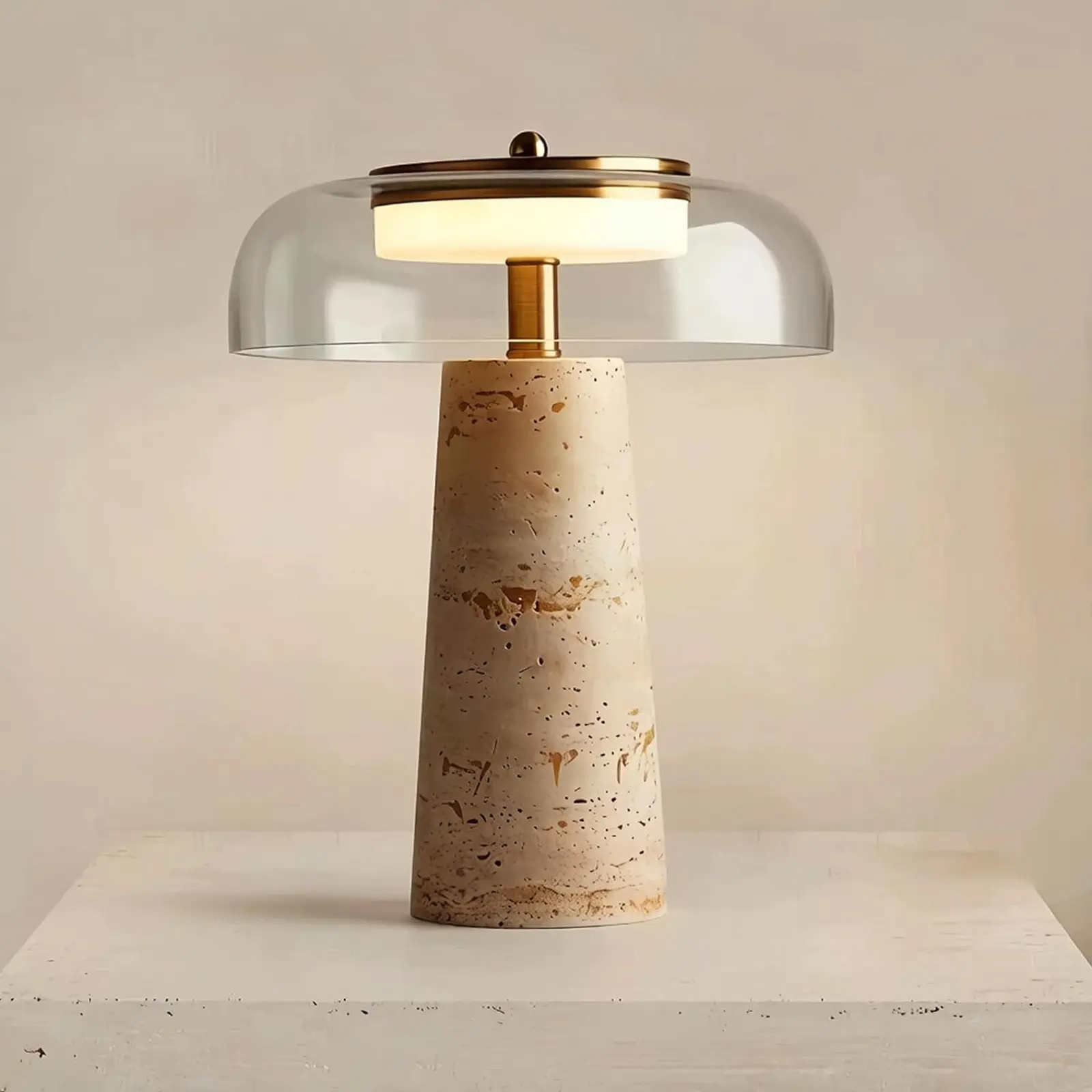 Travertine Lamp, Natural Stone Table Lamps with Glass Shade, 12W Mushroom Sculpture Bedside Nightstand Light Decor for Bedroom Living Room Office Console Side Entryway Counter Gifts (Clear Glass+Travertine)