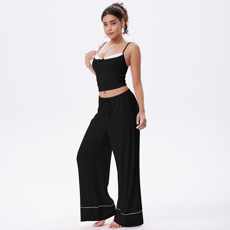 OQQ Women’s Loungewear Pajama Set – Chic Deep V-Neck Cami Top With Bow & Relaxed Drawstring Pants Sleepwear Sets