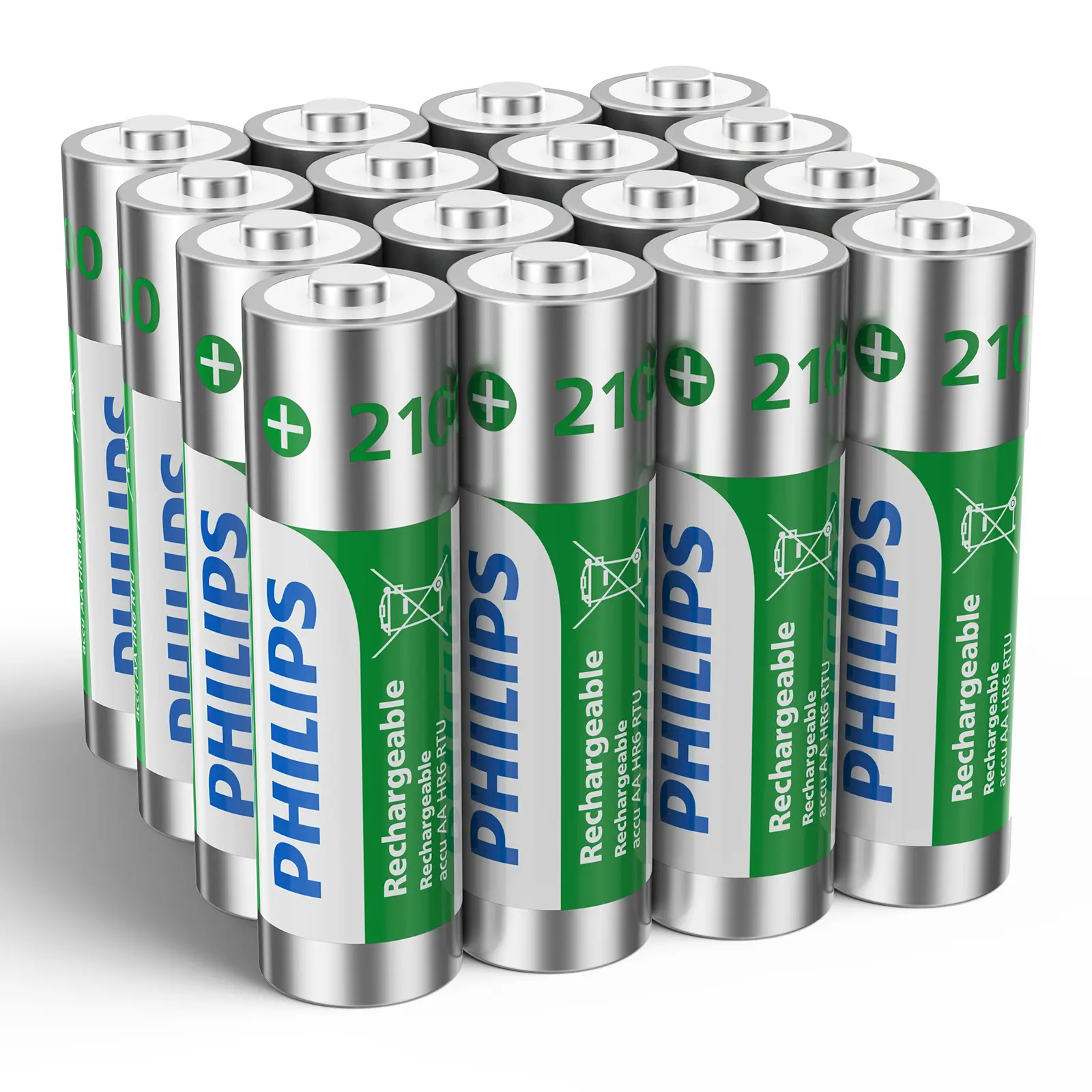 PHILIPS Multipack Rechargeable AA Replacement Batteries - 16-Pack, 1.2V High-Capacity Nickel Metal Hydride (Ni-MH Cells) 2100mAh, Longer Run Time, for Clocks & Lights