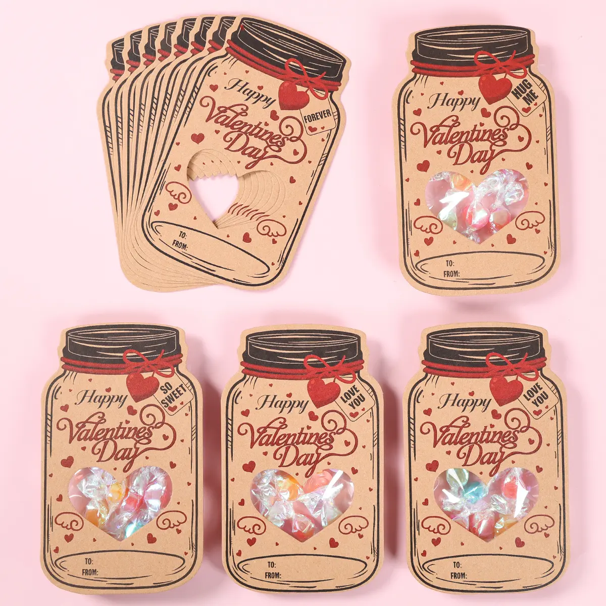 Mason Jar Valentine's Day Greeting Cards - 12 Bulk Cardboard Sets with Transparent Bags, Vivid Hollow Heart DIY Cards for Kids' School Classroom Exchange Gifts (Candy Not Included)