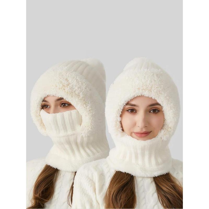 Women's Solid Color Pom Pom Decor Beanie Hat, Casual Warm Thickened Knit Hat for Fall & Winter, Fashion Accessories for Women & Girls Bonnet With Bunny Ears Bonnet