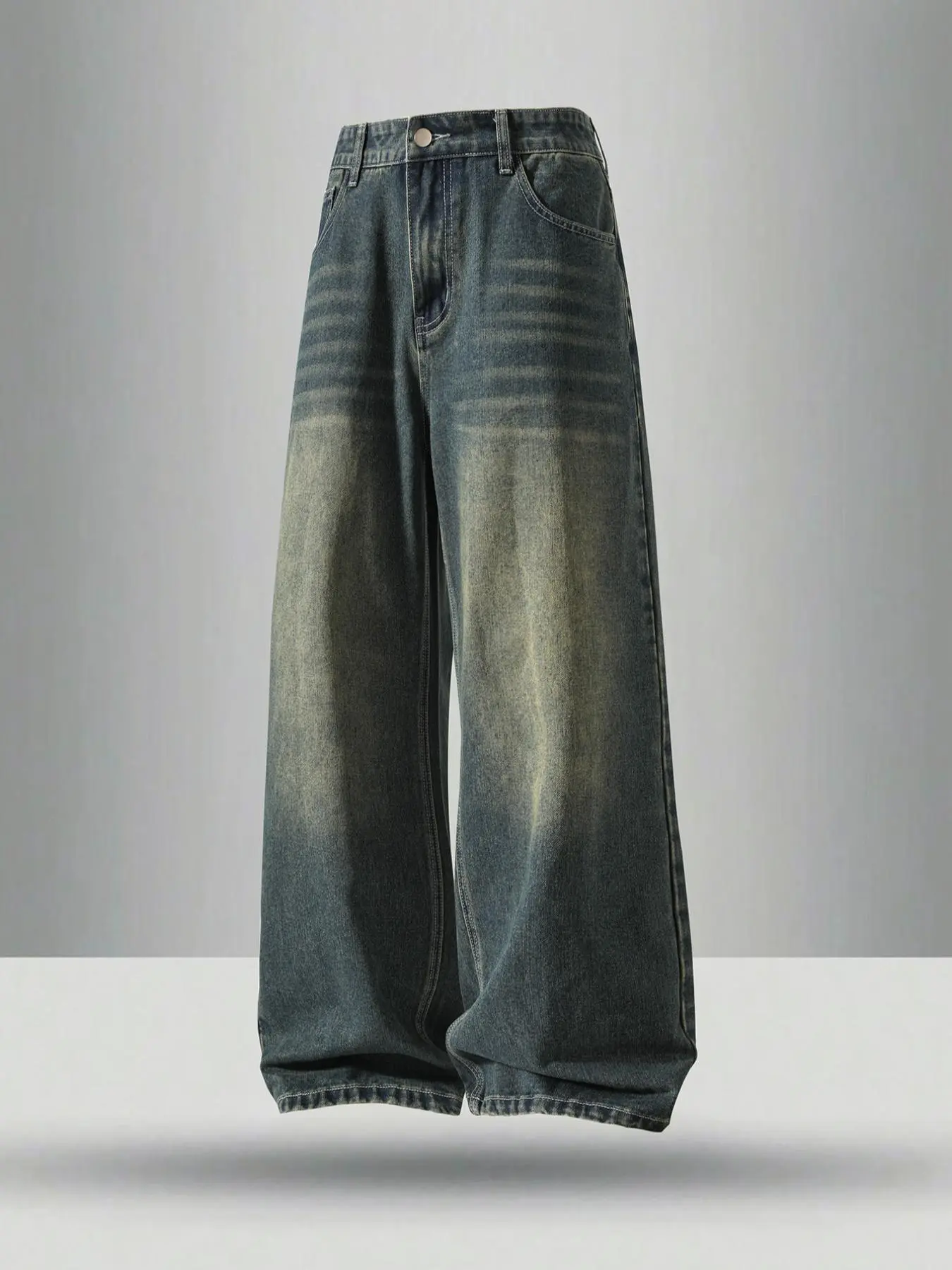 Men's vintage washed medium wash oversized loose straight-leg jeans, Casual Streetwear Jeans, casual four-season street style, zipper fly, plain pattern, Pocket, daily wear leisure denim trousers. If you prefer a looser fit, order one size larger.
