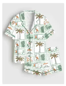 Vintage Florida Vibes Travel Long Sleeve Pajama Set Adults, Satin Summer Florida Vibes Sleepwear, Coquette Summer Holiday Gifts Family