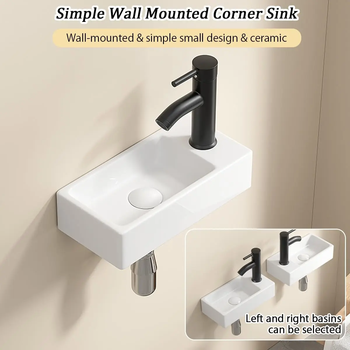 White Ceramic Rectangular Wall-Mounted Bathroom Sink - Countertop Installation, Space Saver Handwash Fixture, Indoor Use for Families