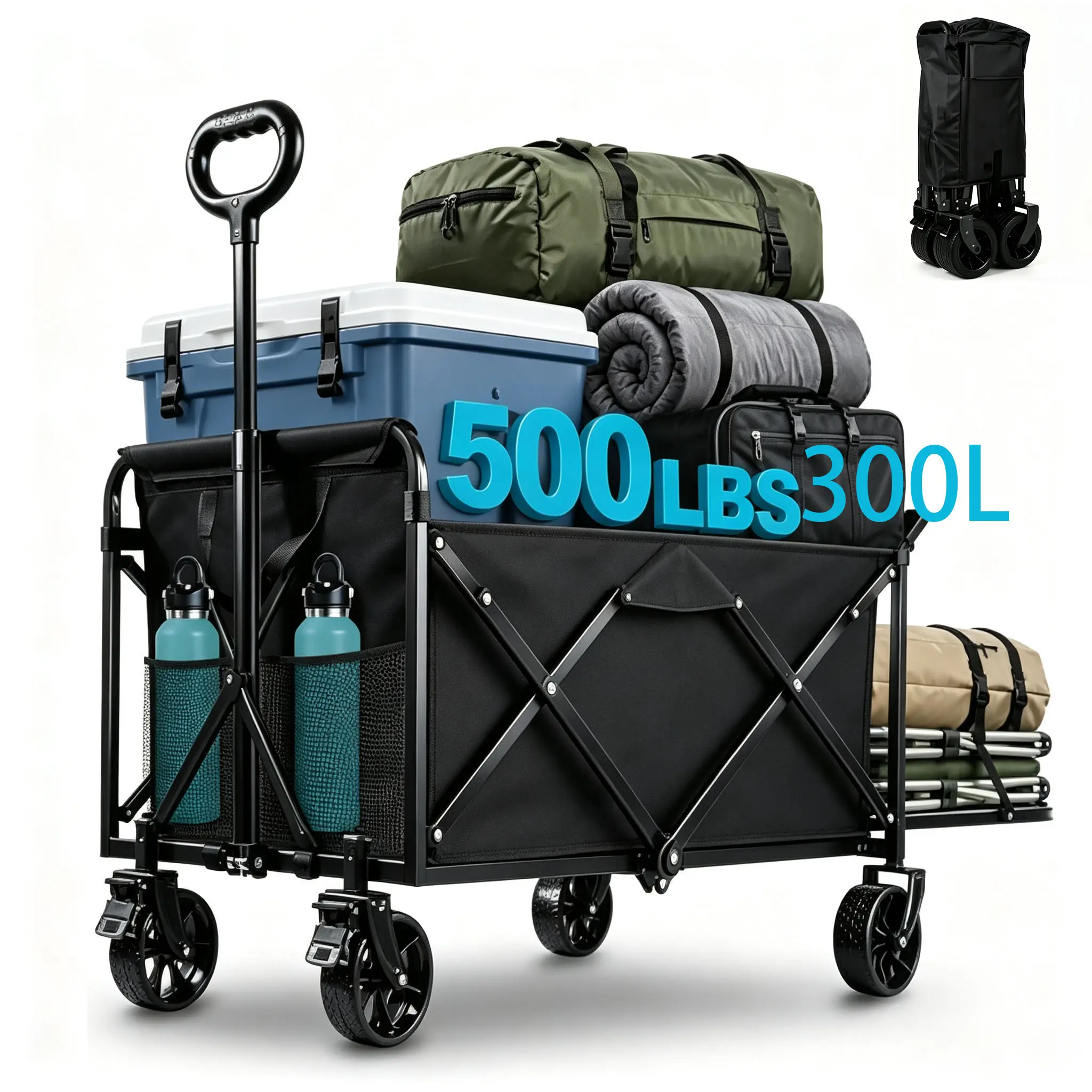300L Collapsible Wagons Carts - Portable Folding Cart with Metal Frame, Rear Tailgate, Brake System, Heavy-Duty All-Terrain Utility Trolley for Camping, Cargo Hauling