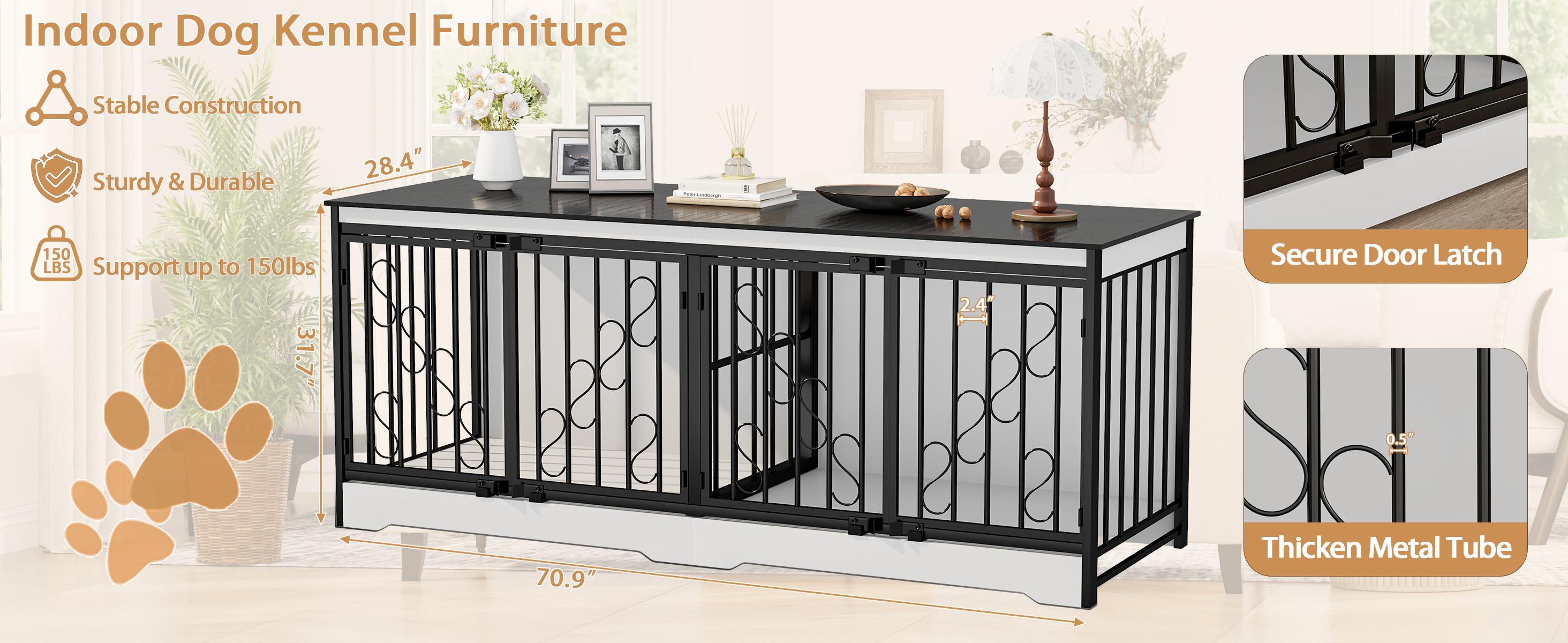 COZPAW 71"/78"/86" White Double Dog Crate Furniture for 2 Dogs, Heavy Duty Wooden Dog Kennel Furniture Indoor TV Stand, Modern Dog Crates for Large Medium Small Dogs with Divider