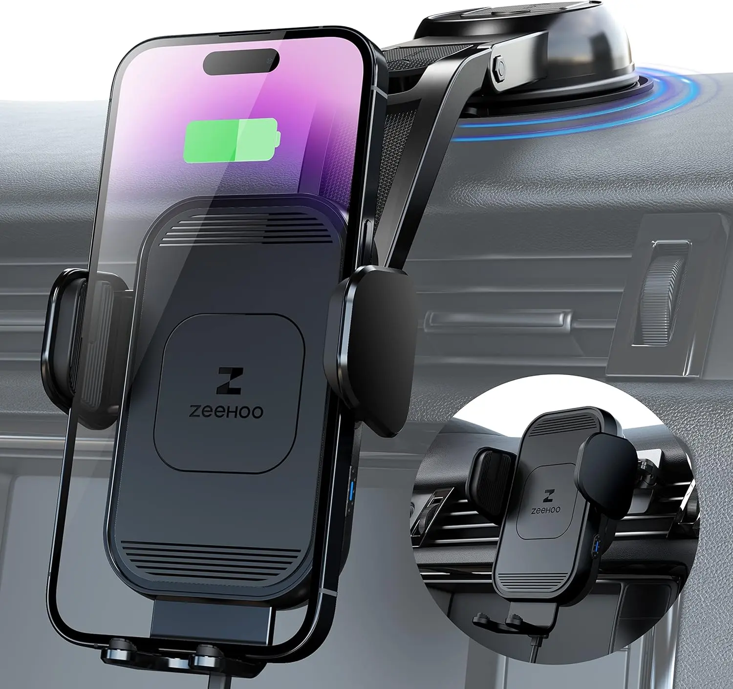 ZeeHoo Automatic Car Phone Mount Wireless Charger - 15W Power Fastcharging, Auto-Clamping, Suction Cup, USB Type-C Compatible, No Plug, Hands-Free Driving for iPhone 17/16/15/14/13/12/11 Pro Max/Xs (Black)