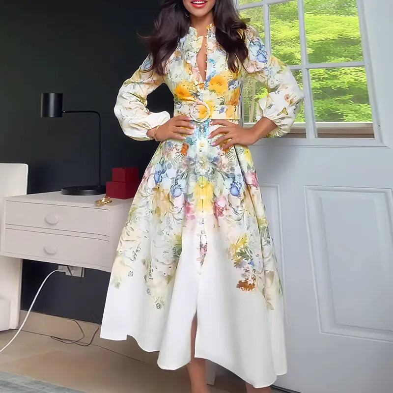 CHICME Wedding French Style Floral Print Stand Collar Lantern Sleeve Button Down Evening Dress Cinched Waist Wedding Guest Vacation Dress with Belt Fit Matching