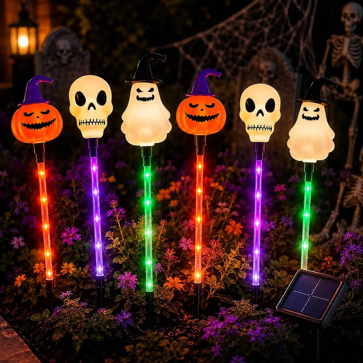 Solar Halloween Stake Lights, Pumpkin Ghost Yard Decor, 6 Pack | 8 Color Modes, Auto Dusk to Dawn, Waterproof, Pathway & Lawn Use, Ghost & Pumpkin Design