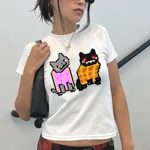 2010s Cute Nyan Cat Baby Tee, Y2K Pixel Cat Baby Tee, Cute Y2K Graphic Crop Top, Retro 8 Bit Kitty Shirt for Women 2026, OOTD, Gift For Her.