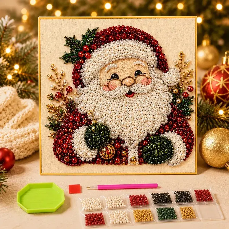 3D Pearl Diamond Painting Kit Christmas Santa Claus DIY Beaded Mosaic Wall Art Home Holiday Decor Gift (Frameless)