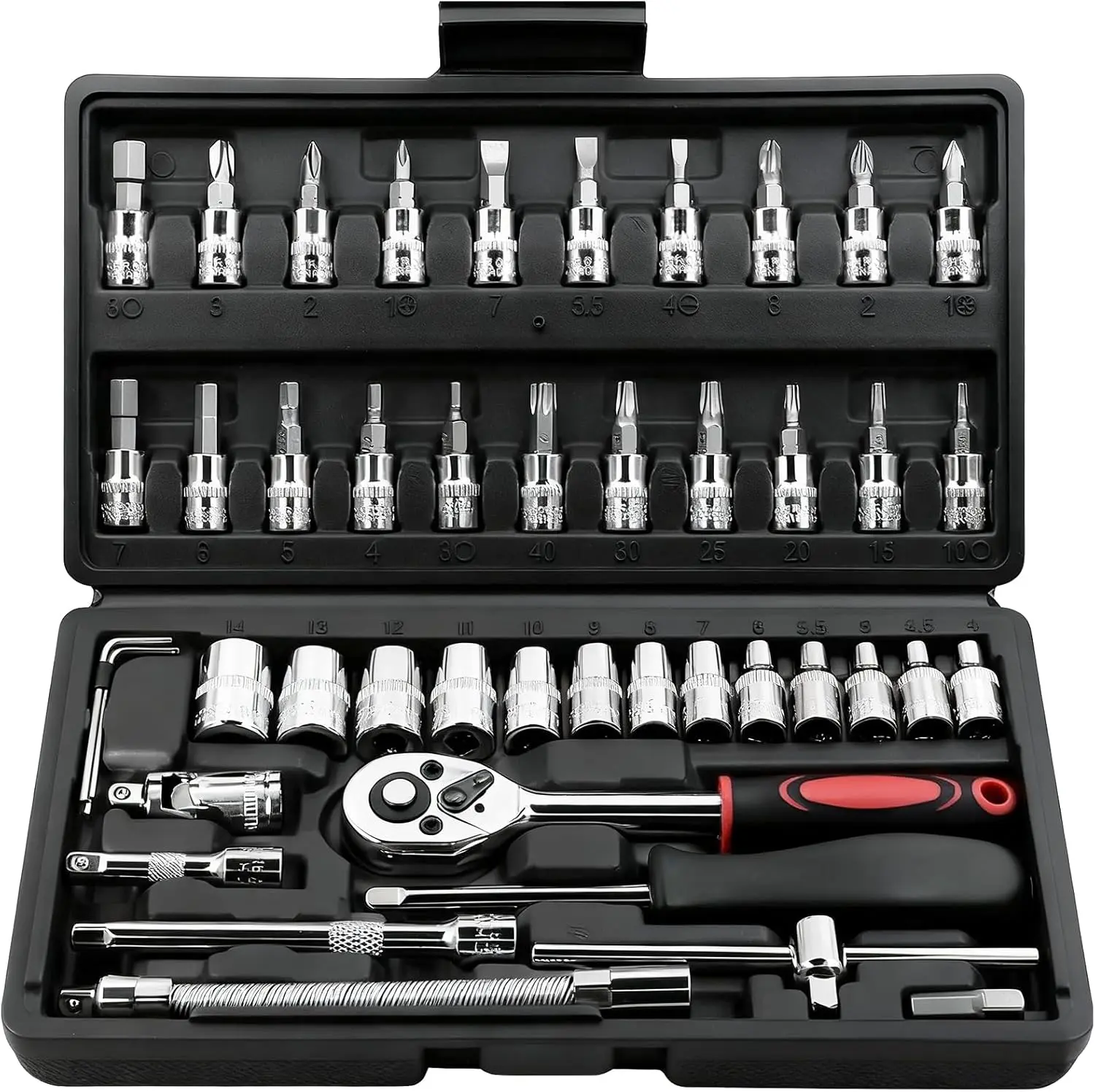 Multifunctional Ratchet Wrench Set - 46-Piece 1/4 in Drive Socket Wrenches with Rubber Handle, Multi-Size Metric Bits, Extension Bar for Auto Repair, Household Use, Ratchet Wrench Sets