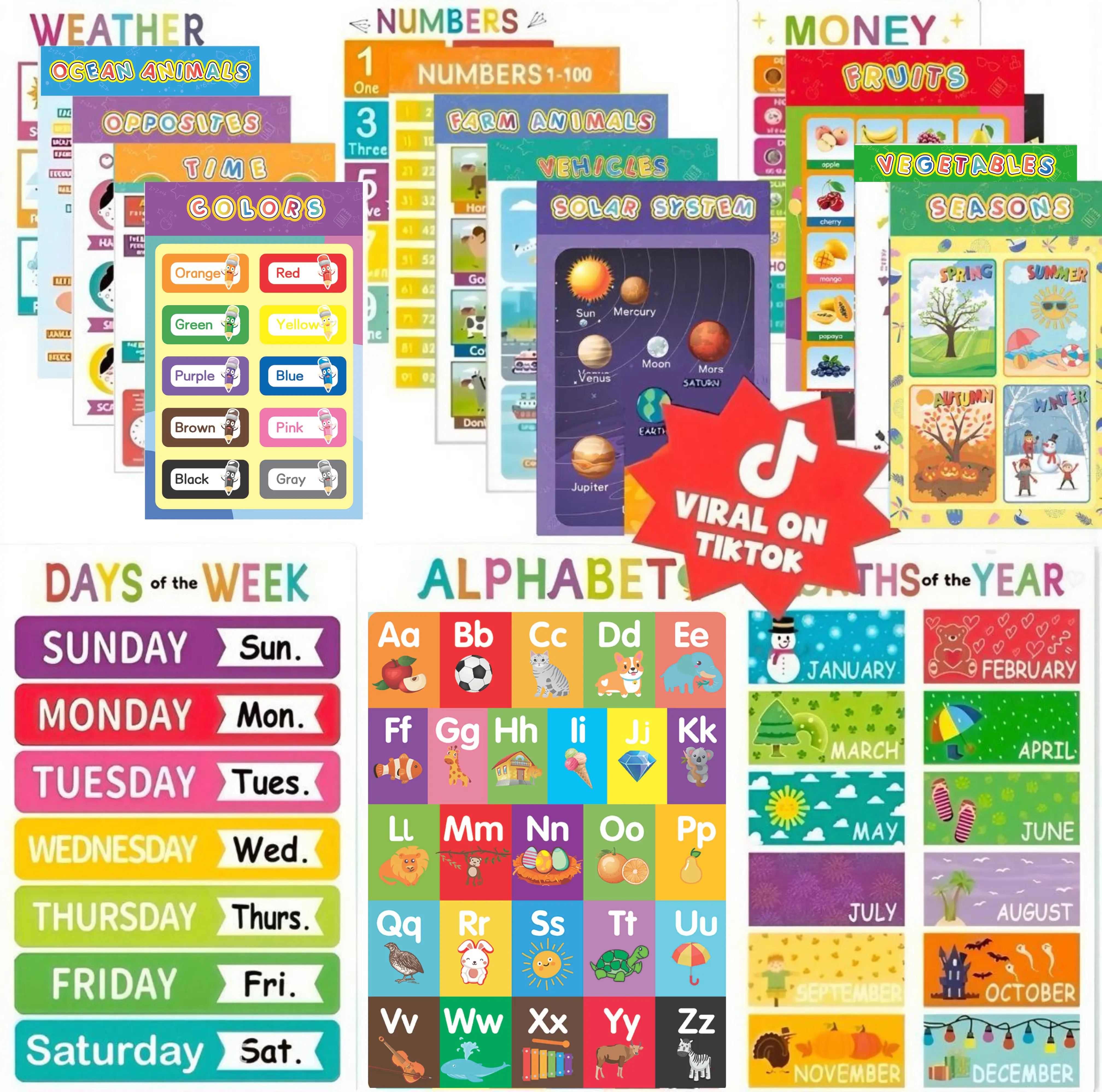 16 Laminated Educational Posters For Kids, Preschool Posters for Classroom, Kindergarten Wall Decor, Perfect for Ages 1-5, Ideal for Elementary and Boho-Themed Rooms.