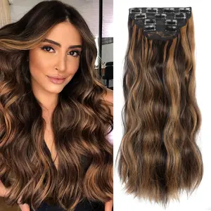 4Pcs Clip in Hair Extensions, 20 Inches Long Synthetic Curly Hair Extensions Clip ins for Women Girls Chocolate Brown Mixed Ash Blonde instant volume