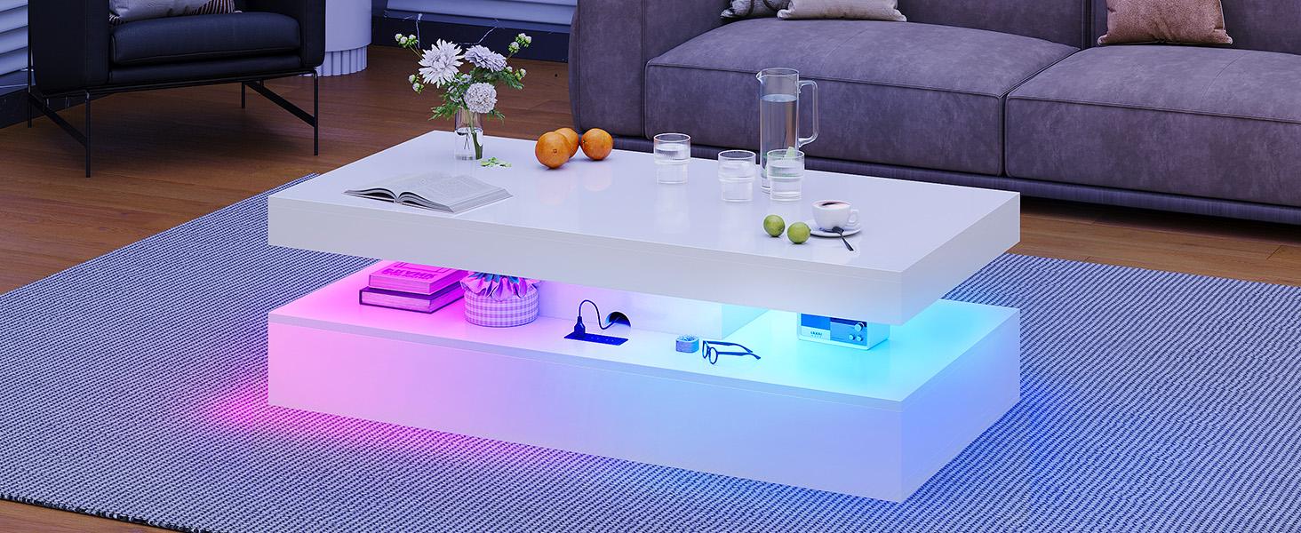 【1 Packages Shipping】oneinmil 47” High-Glossy LED Coffee Table with 2 Sliding Drawers Modern Stylish Double-Layer Center Table with LED Lights White Living Room Storage
