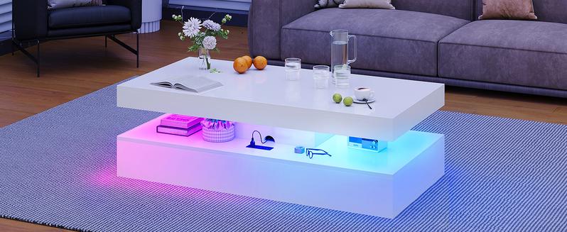 【1 Packages Shipping】oneinmil 47” High-Glossy LED Coffee Table with 2 Sliding Drawers Modern Stylish Double-Layer Center Table with LED Lights White Living Room Storage