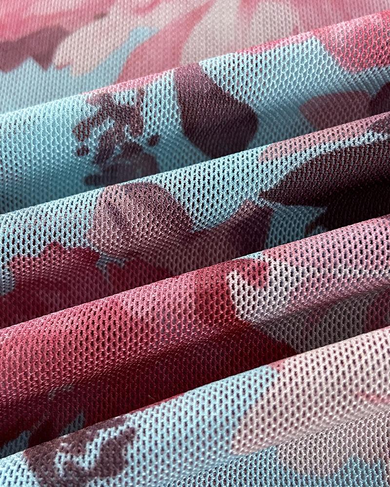 ChicMe Women's Watercolor Floral Print O-neck Long Sleeve Mesh Tee Slim Fit Semi Sheer Layering Top with Thumb Hole Cuffs ChicMe Women's Watercolor Floral Print O-neck Long Sleeve Mesh Tee Slim Fit Semi Sheer Layering Top with Thumb Hole Cuffs