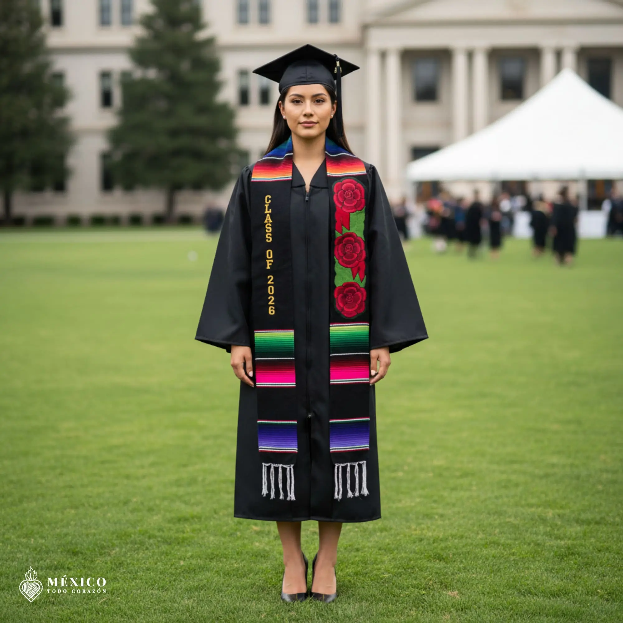 Custom Mexican Sarape Fabric Graduation Stole, Class of 2026 with Red Flowers, Cultural Pride Embroidered Traditional Mexican Heritage Stole, Cultural Pride Graduation Stole