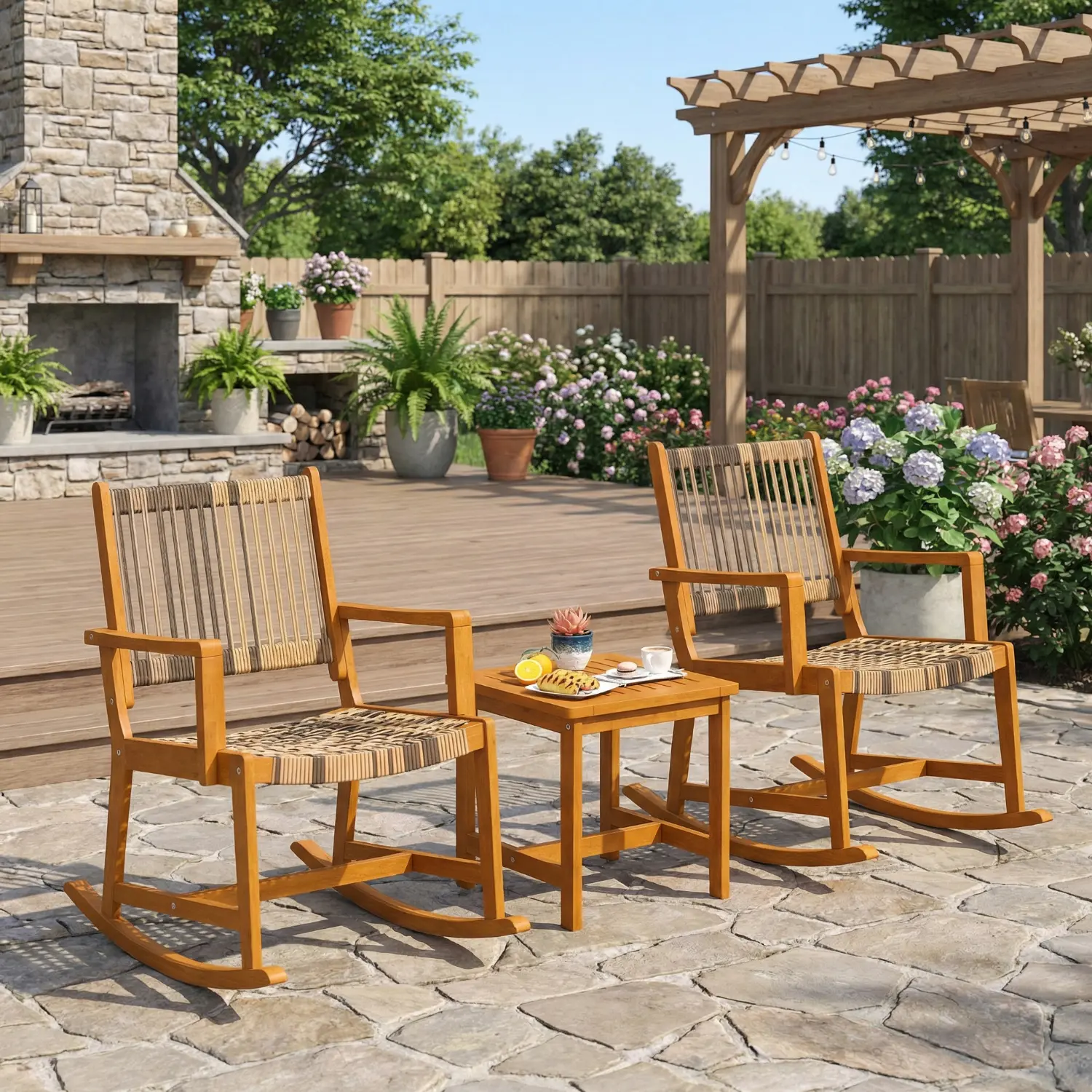 Spaco 3-Piece Wicker Outdoor Conversation Complete Set Rocking Chairs, Ergonomic Acacia Wood Patio Bistro Chairs with Rattan Seat, Back & Armrest for Porch Relaxation, Wicker Patio Furniture